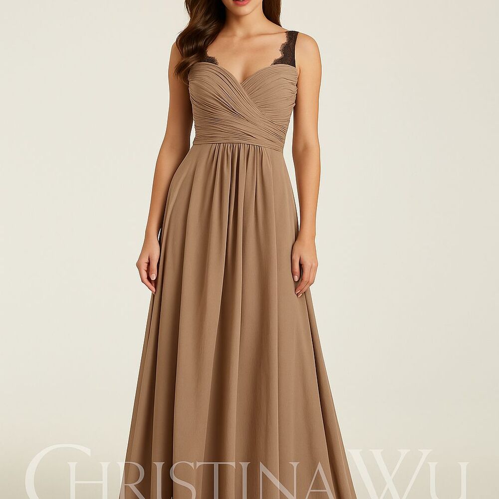 Christina Wu Womens 2 Dress Brown Lace Chiffon Pleated Maxi Bridal 22745 Earthy